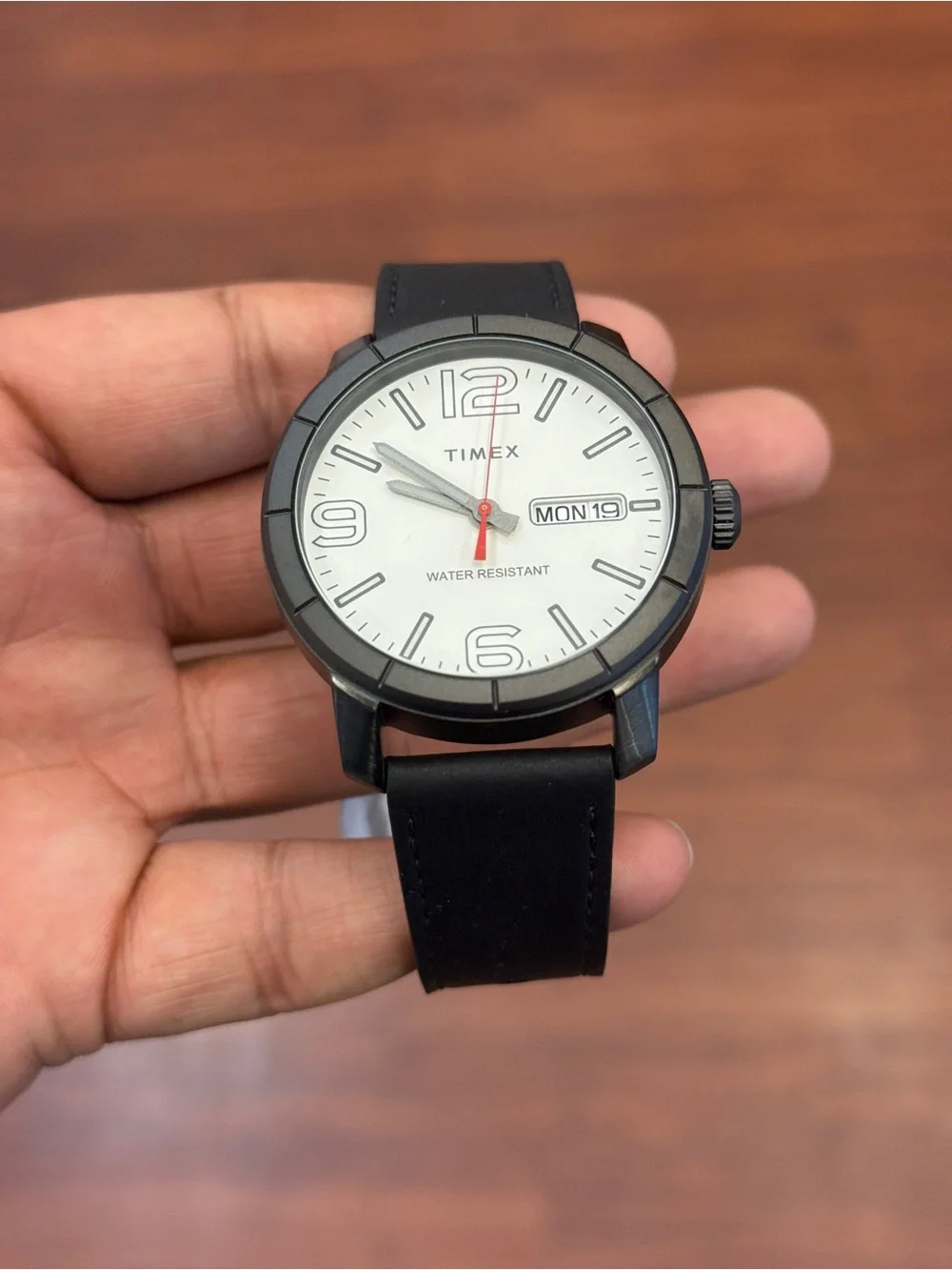 Timex Black Leather Strap Watch with White Dial and Red Seconds Hand Mens Watch